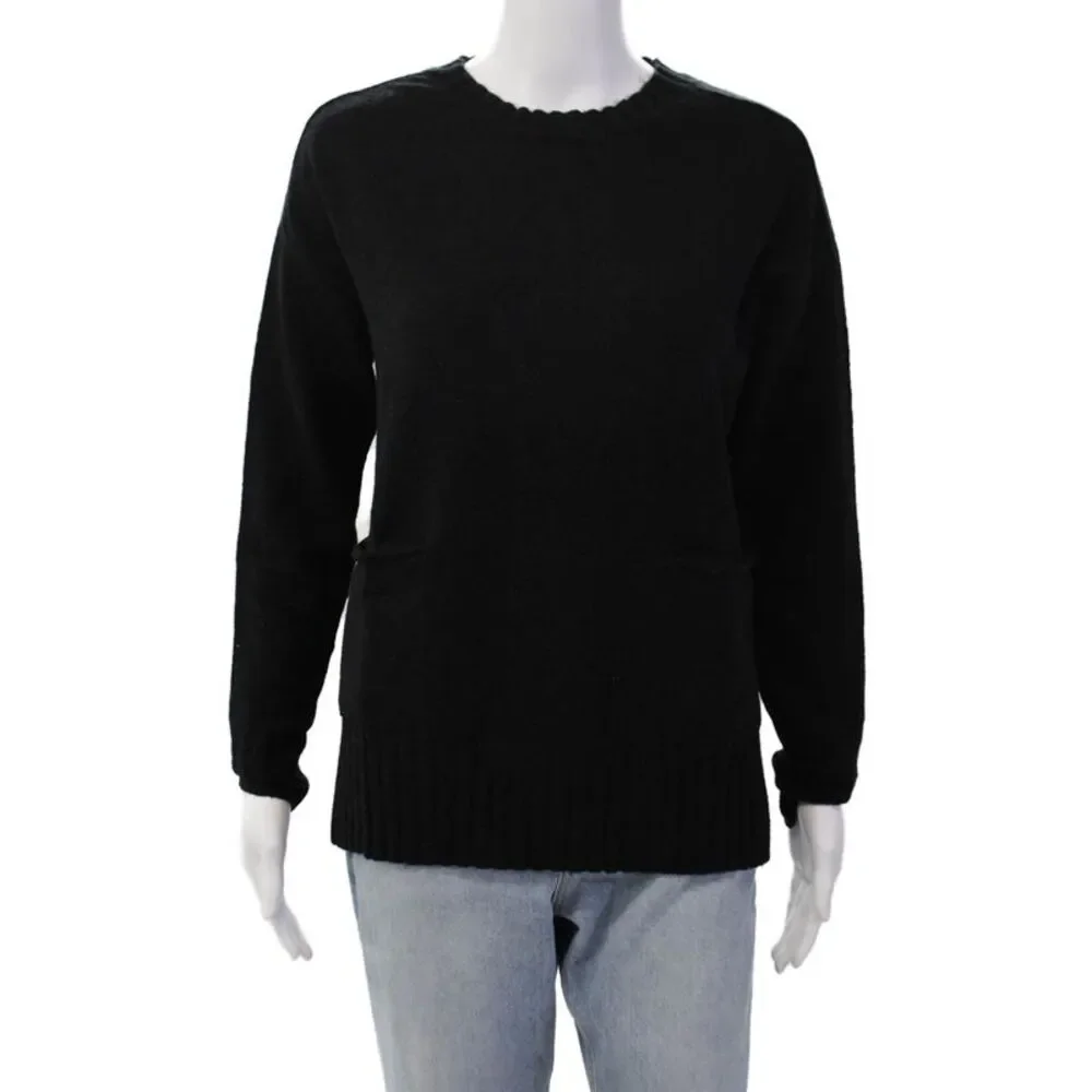 Renuar Womens Front Pockets Crew Neck Pullover Sweater Top Black Size XS
